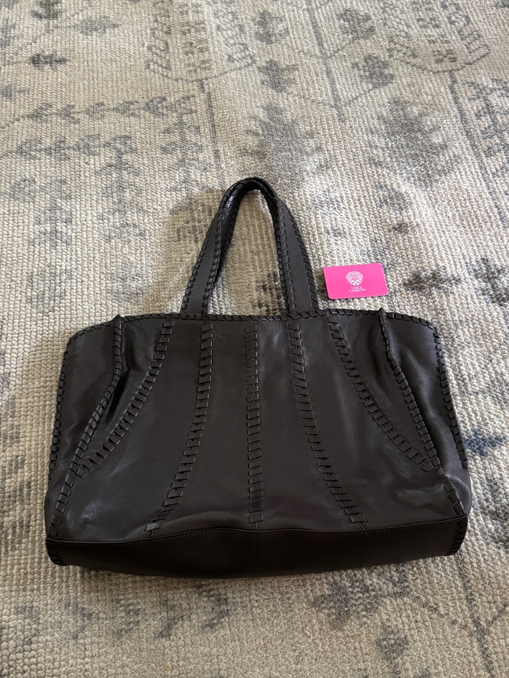 Vince Camuto Black Leather Woven-Trim Tote